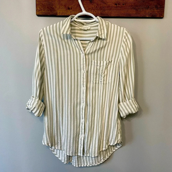 beachlunchlounge Green and White Striped Button Down Shirt - Picture 1 of 8